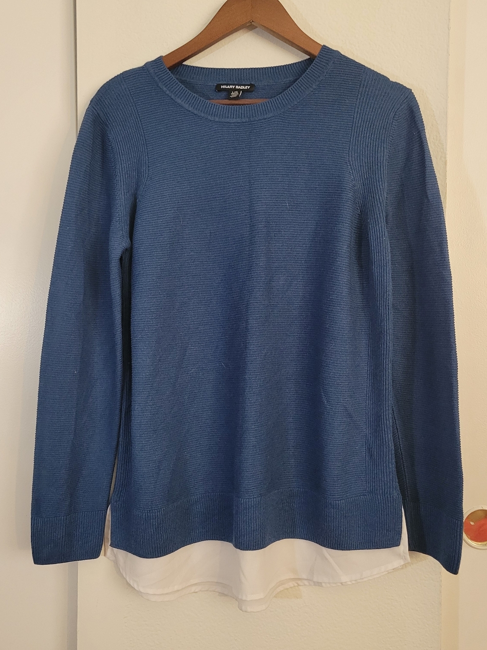 Hilary Radley Blue Crewneck Sweater with Layered Hem